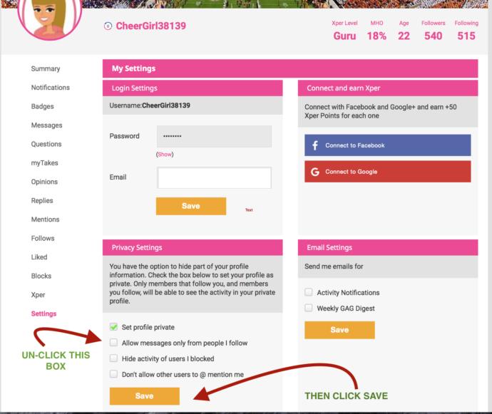 How to change your G@G messaging prefrences to allow private opinions on your questions, or direct messages from people that you're not following.