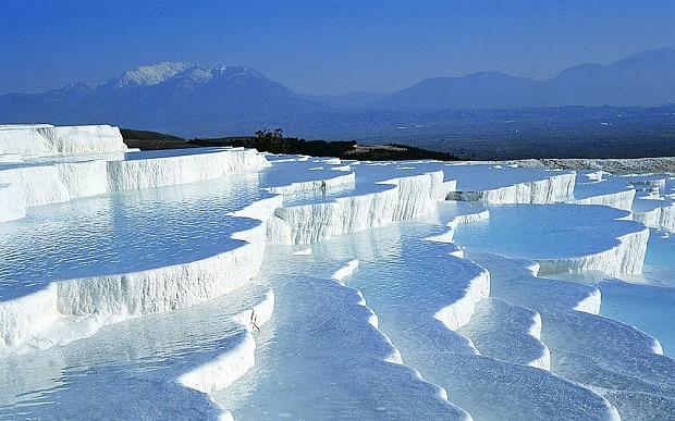 The travertine steps and ancient ruins at Pamukkale are a Unesco World Heritage Site