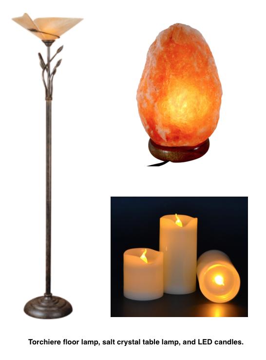 Torchiere floor lamp, salt crystal table lamp, and LED candles.