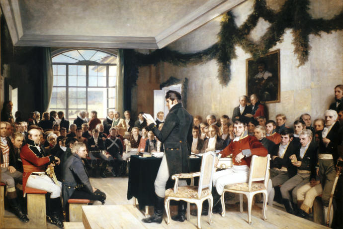Norwegians fighting for independence and discussing the new law at Eidsvoll 1814