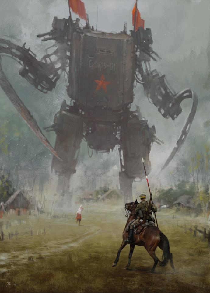 A steampunk symbolic drawing, showing a Polish Cavalry man staring down the red menace.