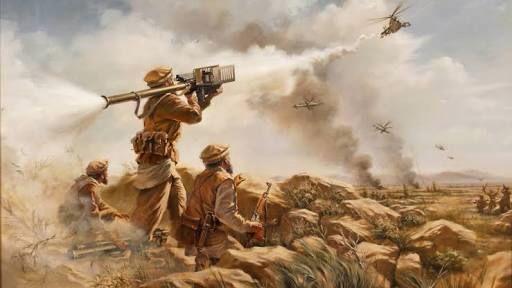 Drawing of mujahideen battling Soviet forces