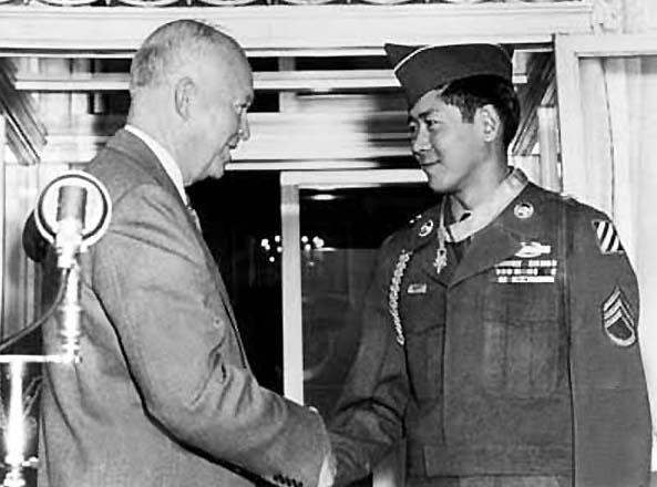 Hiroshi “Hershey” Miyamura receiving Medal of Honor from Dwight Eisenhower