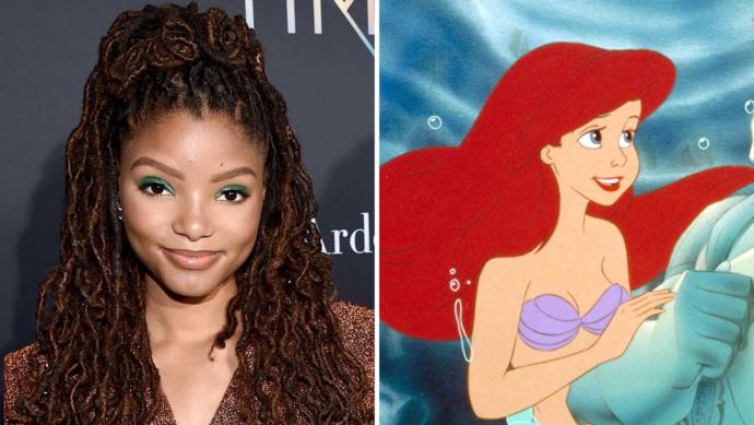 Halle Bailey next to the cartoon version of Ariel.