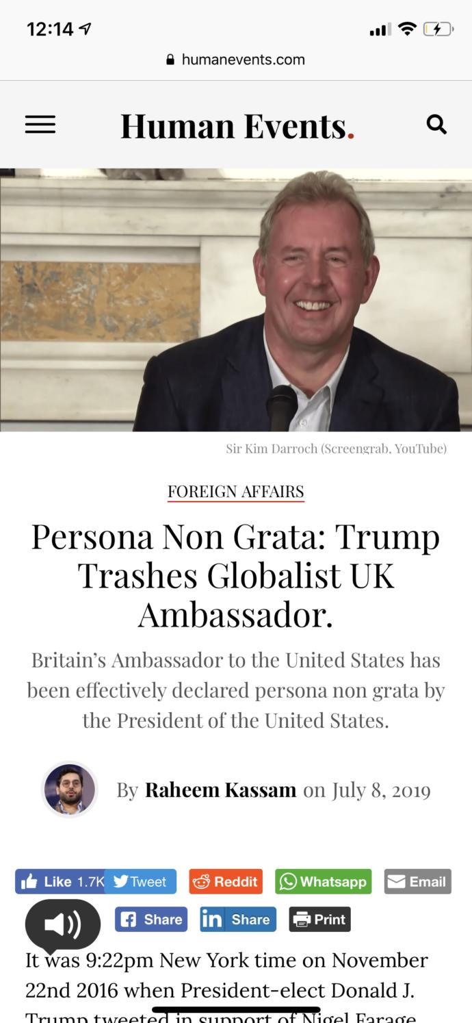 Ground Control to Major Trump- A US President doesn’t expel the U. K. ambassador to the US, officially or otherwise as PNG (persona non grata)