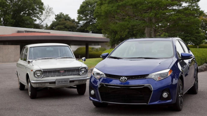 The original Corolla next to a 2017 Model.