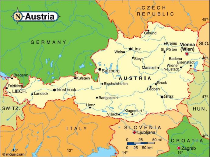 Map of Austria with Bregenz west and Vienna east