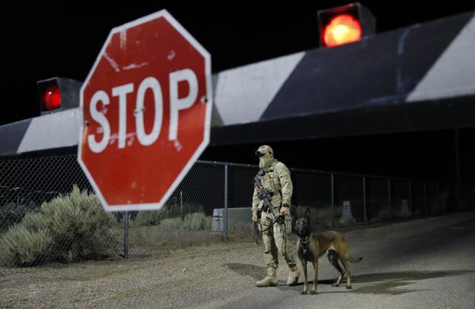 Camo dude with Military K9 at the back gate, during the Area 51 meme event.