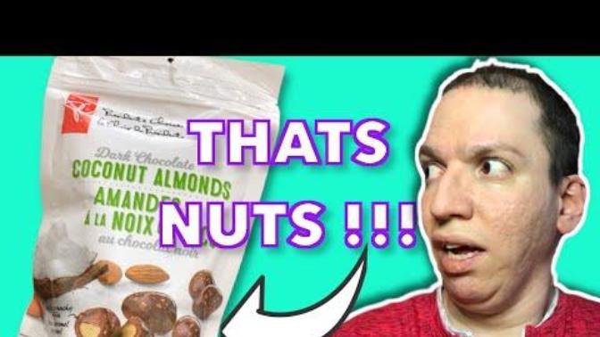 Iranian trying Canadian snacks Taste Test : PRESIDENTS CHOICE DARK CHOCOLATE COCONUT ALMONDS