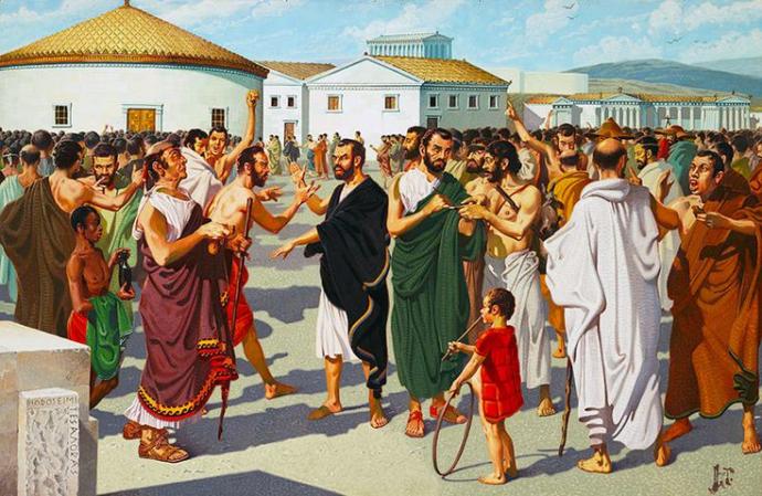 Biases of worldviews being exposed in the agora of ancient Greek city