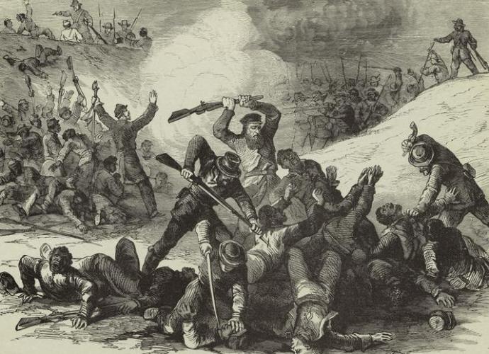 Confederates executing surrendering black union soldiers