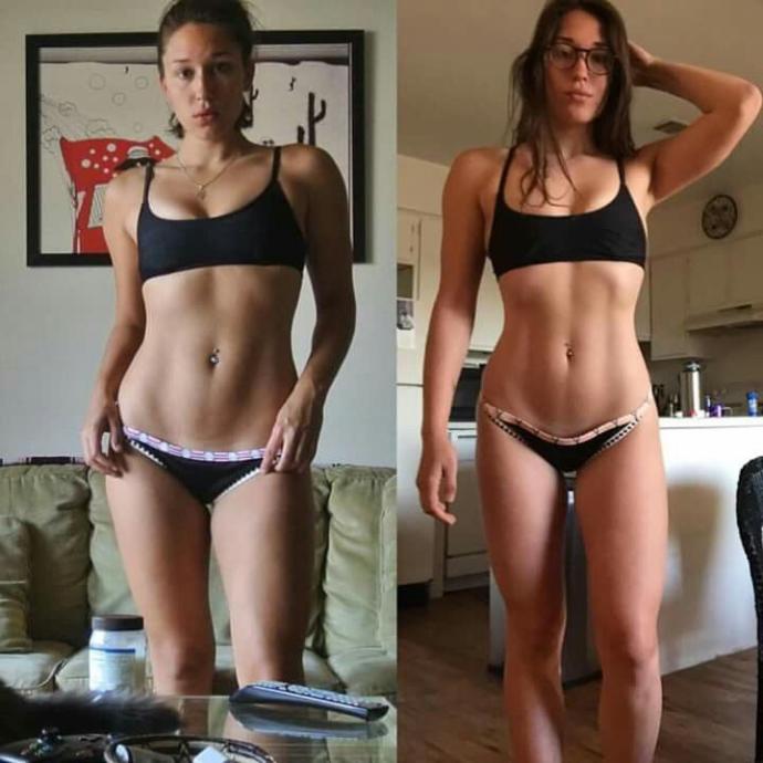 She actually weighs MORE in picture 2 after working out!