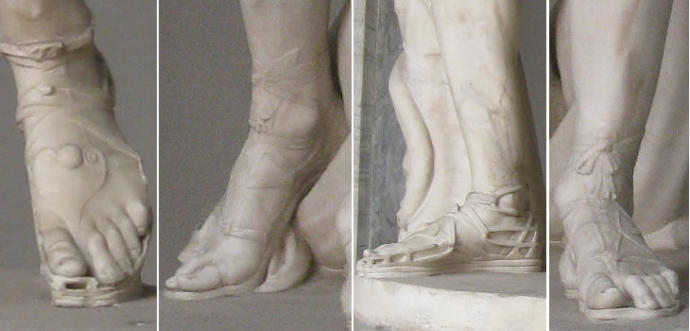 Musei Vaticani Feet sandals of Apollo del Belvedere 1 and 3, Perseus by Antonio Canova 2 and 4