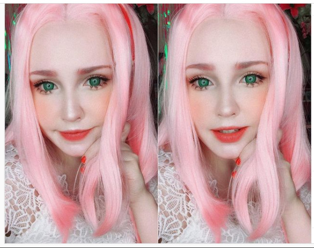 big green eyes, thin lips, natural white skin, long slim sloped shaped pointy nose