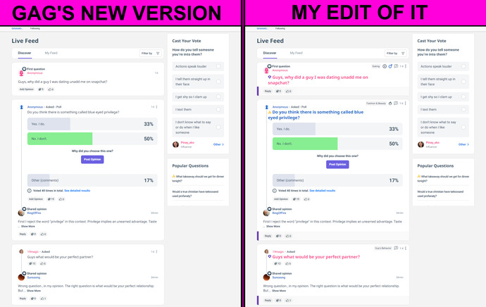 purple marks - makes each post/response stand out more by separating them