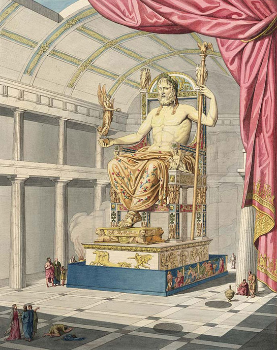 Zeus at Olympia, "seeing it in reality exceeded my highest expectations" - a Roman general; dismantled by Christians in the 4th c.