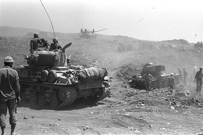 Israeli Arm Tanks invading Golan Heights in June, 1967.