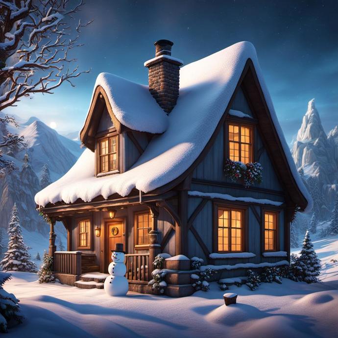 A cottage and a snowman