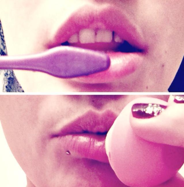 exfoliate your lips with toothbrush