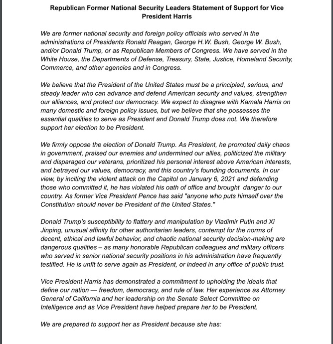 111 Republicans involved in national security signed a letter endorsing Kamala Harris. They called Donald Trump “unfit to serve.