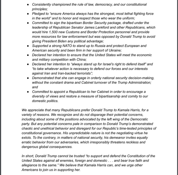 111 Republicans involved in national security signed a letter endorsing Kamala Harris. They called Donald Trump “unfit to serve.