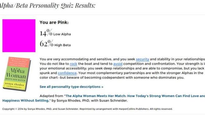 Take this Alpha and Beta personality test, and tell me what color you scored! and please help? what does mine mean in simple terms (i'm a bit dumb)?