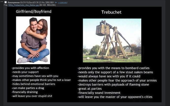 Should i pursue a relationship with a girl or trebuchet ?