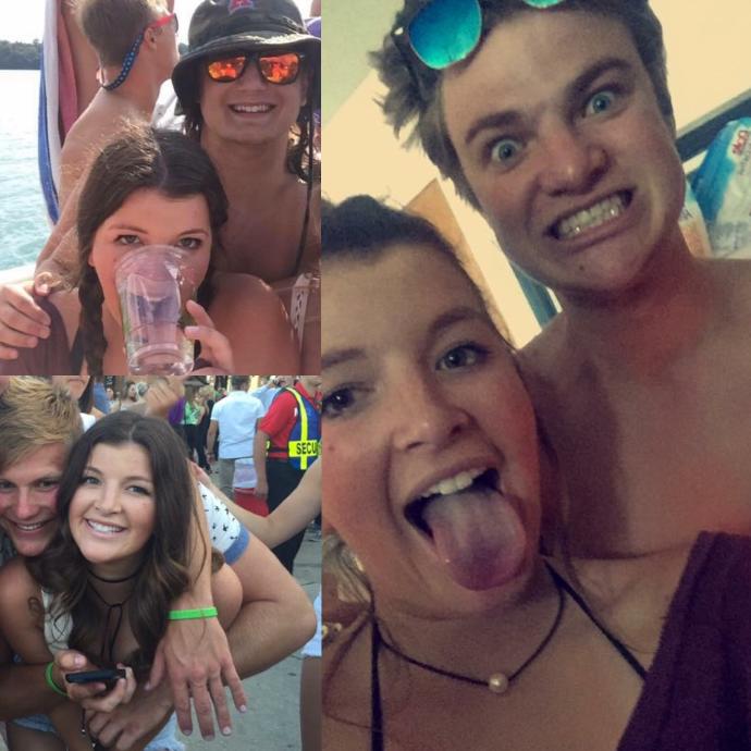 The girl with brown long hair has a boyfriend... Is it okay for her to be taking so many pictures with other guys? (neither of these guys are her bf)?
