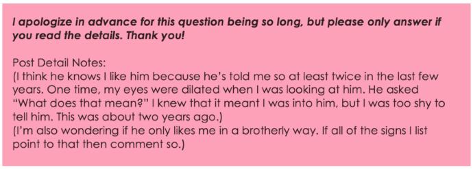 Guys, the boy I like has a girlfriend. She gives me mean looks (Why?) Not sure if he likes me - he's taken so presumably no (Does he?) read details?