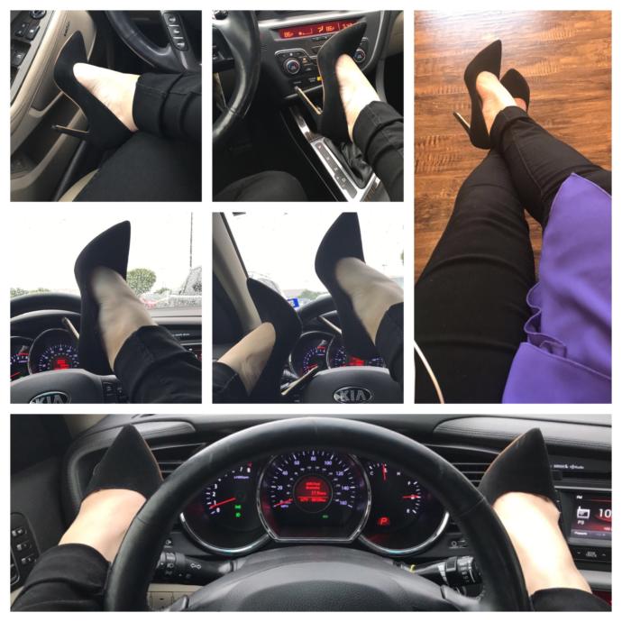 Feeling frisky in the car in a purple top, black skinnies, and black suede stilettos -- you like?