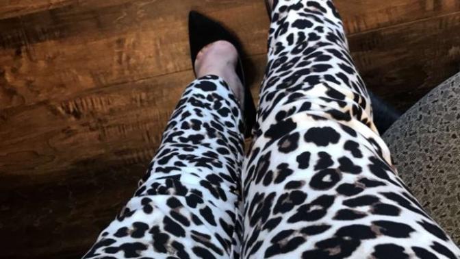 Friends Monday outfit. Sassy leopard pants, black top, and 4.75" black suede stilettos. Like?