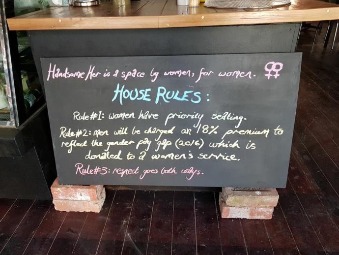 A vegan Cafe Charges 18 percent Man Tax, the owner is a feminist, is feminism still about equality?