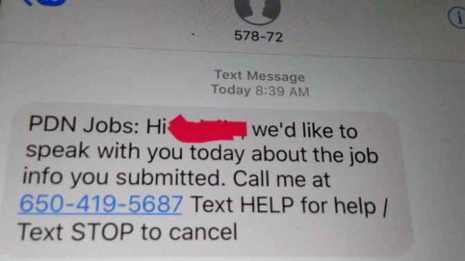 Is this a fake job offer? SMS text message saying call a 650-419-5687 number?