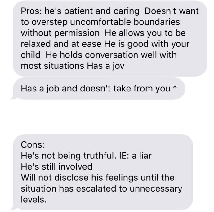 The pros and cons of this relationship, what would be your final decision? (Picture and list in details)?