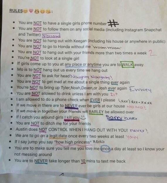 Guys, your girlfriend hands you this list of rules, how do you react?