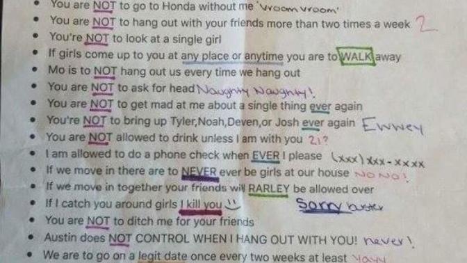 Guys, your girlfriend hands you this list of rules, how do you react?
