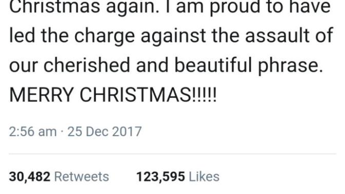 Thank you President Trump!! War on Christmas is finally over. We all can finally say Merry Christmas again?