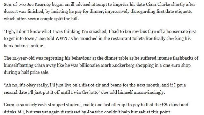 A man went on a date with a girl and was insisting on paying for the meal but couldn't afford it. Your thoughts?