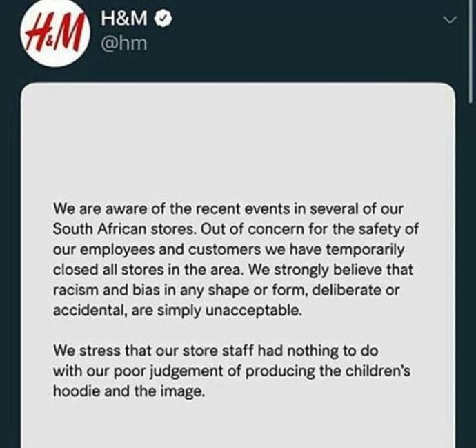 What's your opinion on H&M having to close their stores due to the reaction of one of their hoodies?