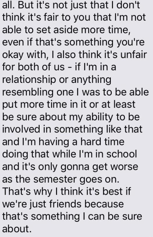 Is he saying that he doesn't have time to be in a committed relationship?