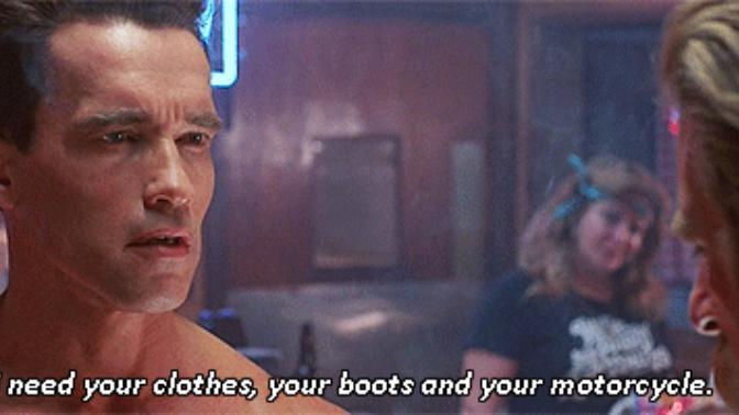 What would you do if you were out somewhere and a naked Arnold Schwarzenegger walked up to you demanding your clothes, shoes and vehicle?