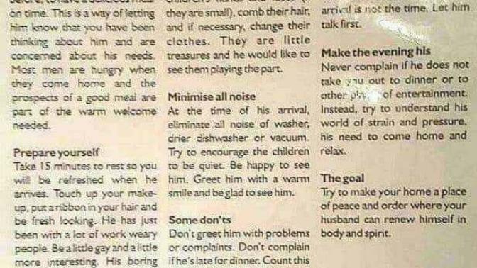 This extract had been written in 1950s in the US. Do you think this was anti-feminism act or was it to bring love & etiqutte between spouses/relation?