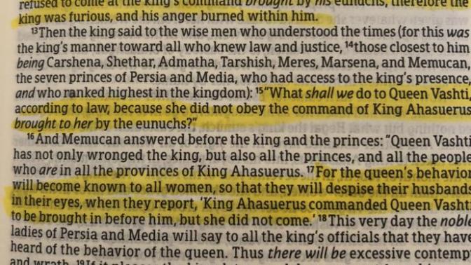 Obeying a future husband? I’m going to be like Vashti, but that’s okay right—Hubby will be merciful? Do you find that passage funny?