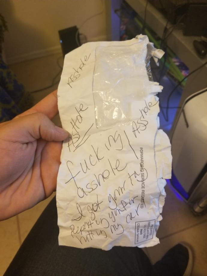 Has anyone ever left a note in your car in a shopping center parking lot, cussing and threatening to press charges against you?