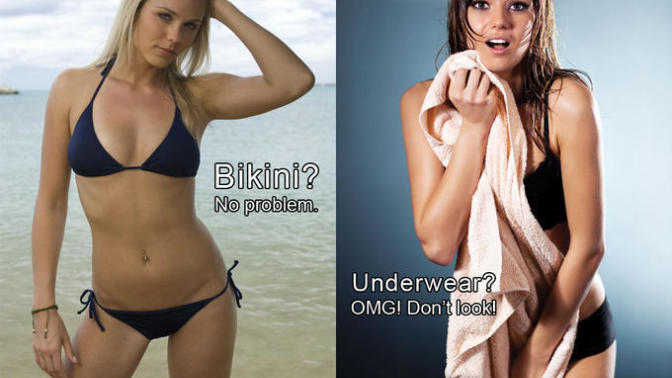 Why do women get embarrassed about wearing lingerie if swimwear has the same or less fabric?