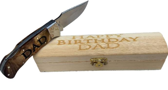 description. Engraved folding Pocket Knife with a Personalized Wood Gift Box. This Knife is beautiful, strong, sharp, and when personalized it makes an awesome Last Minute anniversary gifts for men in your life. This Elk Ridge Burl Wood Handle Lockback Pocket Knife comes With a Sheath. Features: Lockback Pocket Knife Handle Length - 4