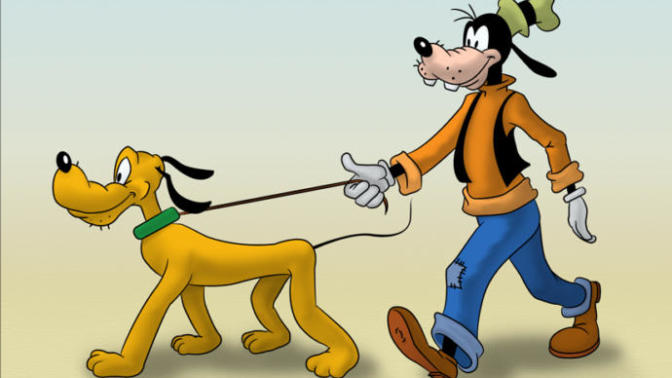 Why does pluto stand on all fours while goofy walks using only two legs?