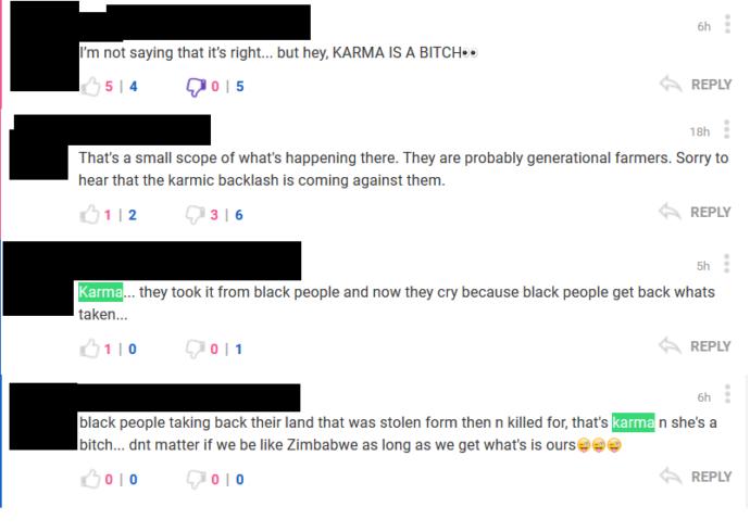 How many people here believe that what is happening to white farmers in South Africa is 'Karma'?