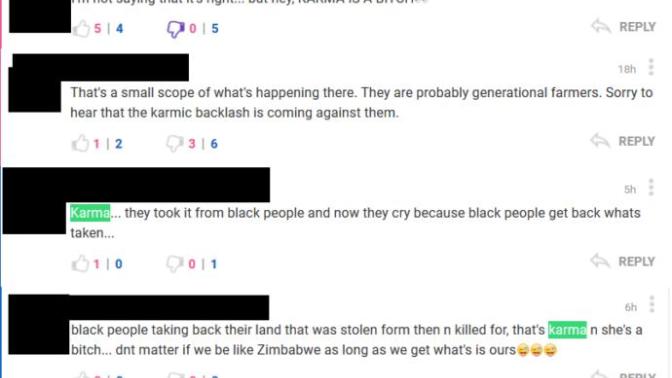 How many people here believe that what is happening to white farmers in South Africa is 'Karma'?