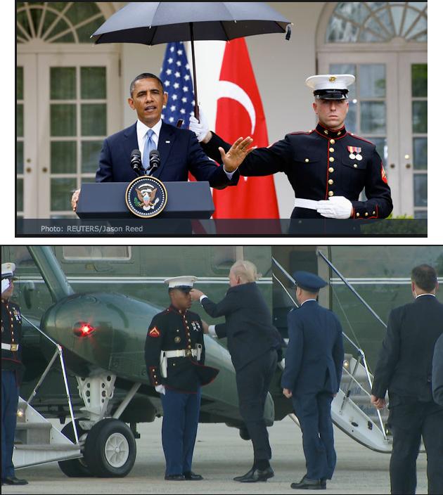1. Obama has US Marine hold umbrellas for him.2. President Trump picks up the cap from the ground, that has blown off the head of of a US Marine who is guarding his helicopter in the high wind, and respectfully places it on his head.